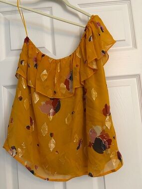 Sezane Mustard Floral One-Shoulder Ruffle Camisole